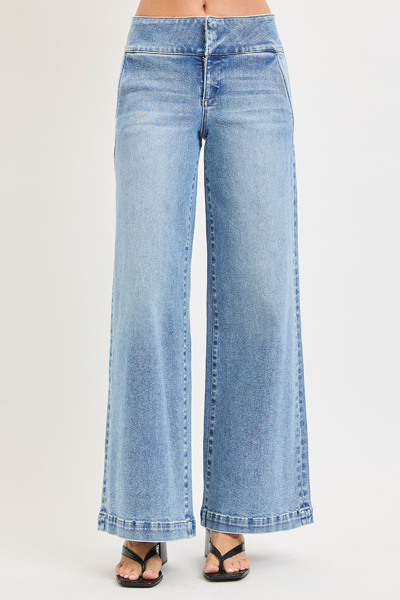 TUMMY CONTROL MID RISE WIDE LEG WIDE WAISTBAND JEANS