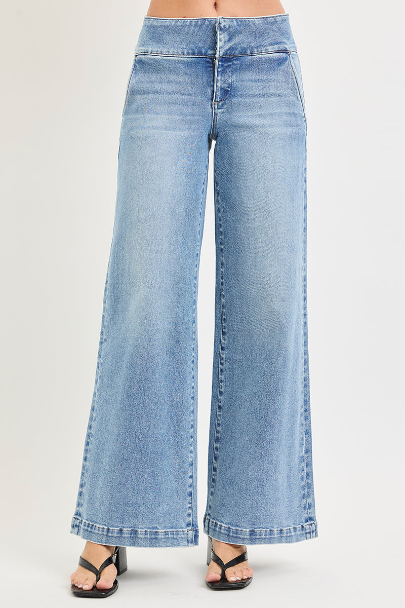 TUMMY CONTROL MID RISE WIDE LEG WIDE WAISTBAND JEANS