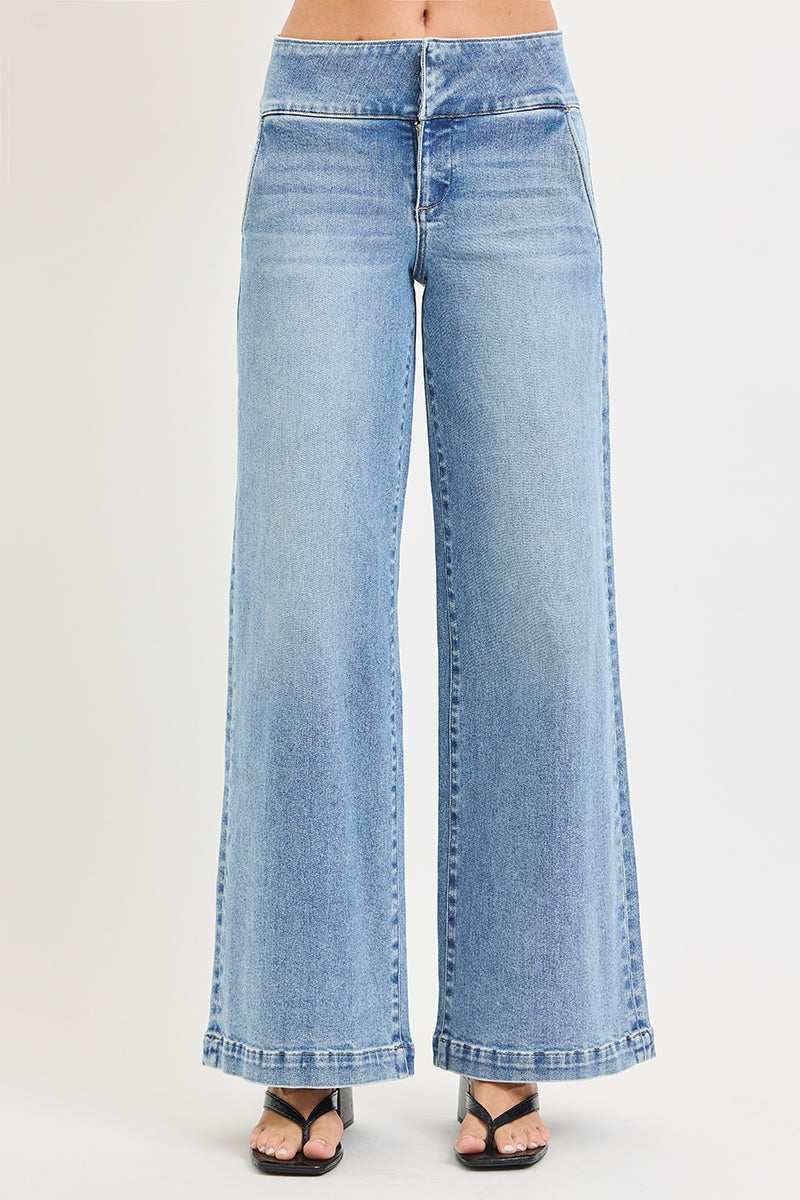 TUMMY CONTROL MID RISE WIDE LEG WIDE WAISTBAND JEANS