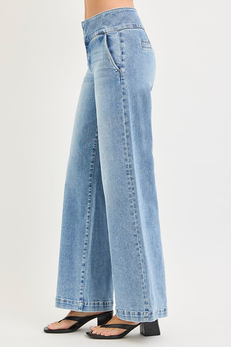 TUMMY CONTROL MID RISE WIDE LEG WIDE WAISTBAND JEANS