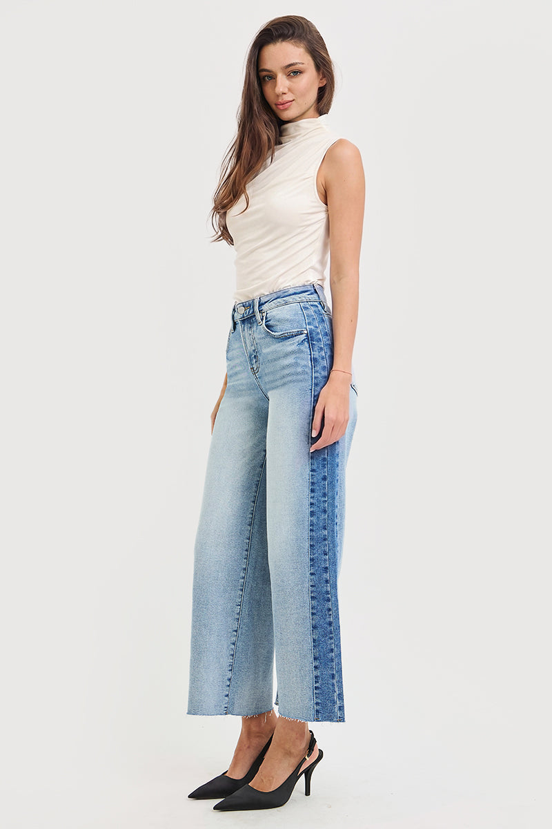 HIGH RISE ANKLE WIDE SIDE CONTRAST JEANS