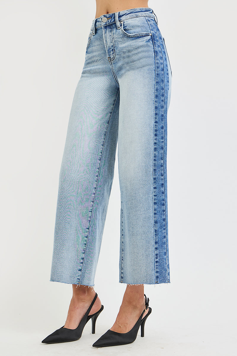 HIGH RISE ANKLE WIDE SIDE CONTRAST JEANS