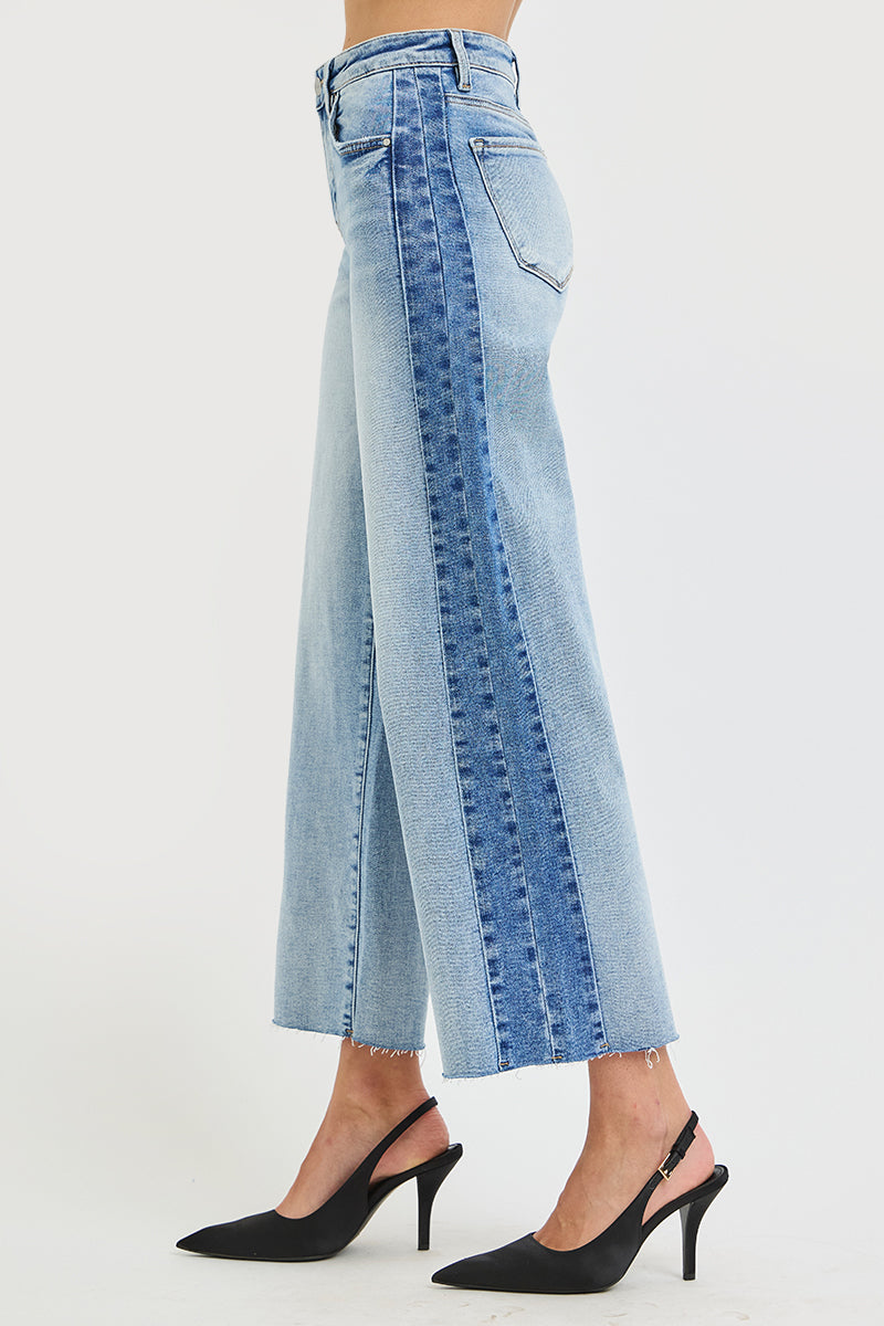 HIGH RISE ANKLE WIDE SIDE CONTRAST JEANS