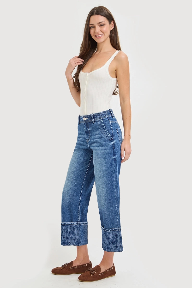 HIGH RISE CROP WIDE JEANS WITH PLAID CUFFS