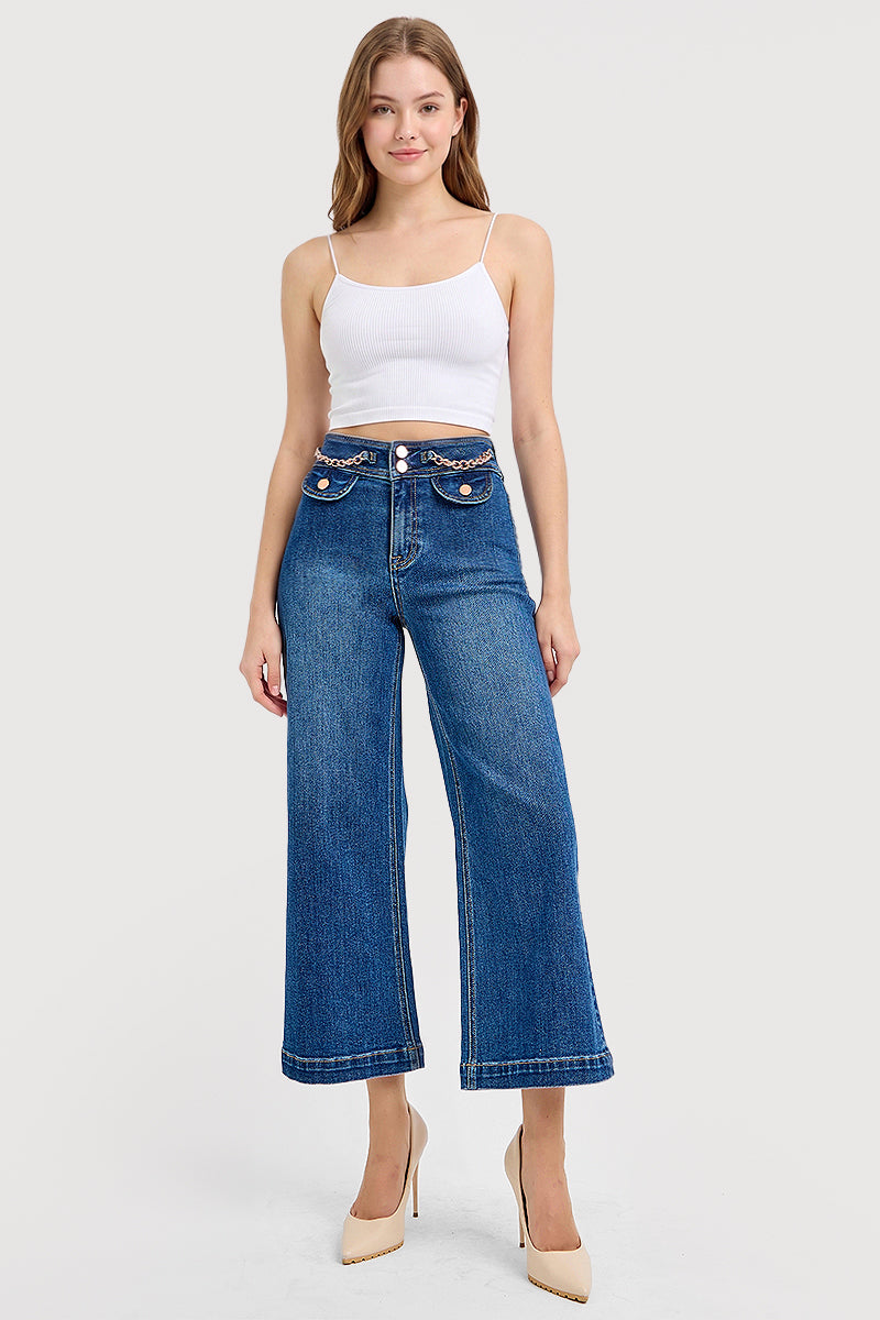 HIGH RISE CROP WIDE WAIST CHAIN DETAIL JEANS