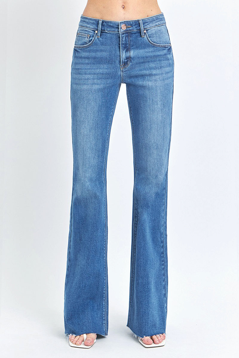 MID RISE FLARE RAW CUT HEM JEANS