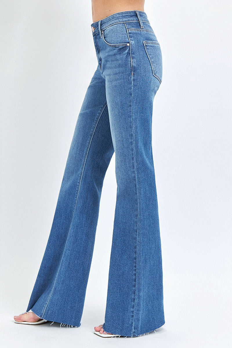 MID RISE FLARE RAW CUT HEM JEANS
