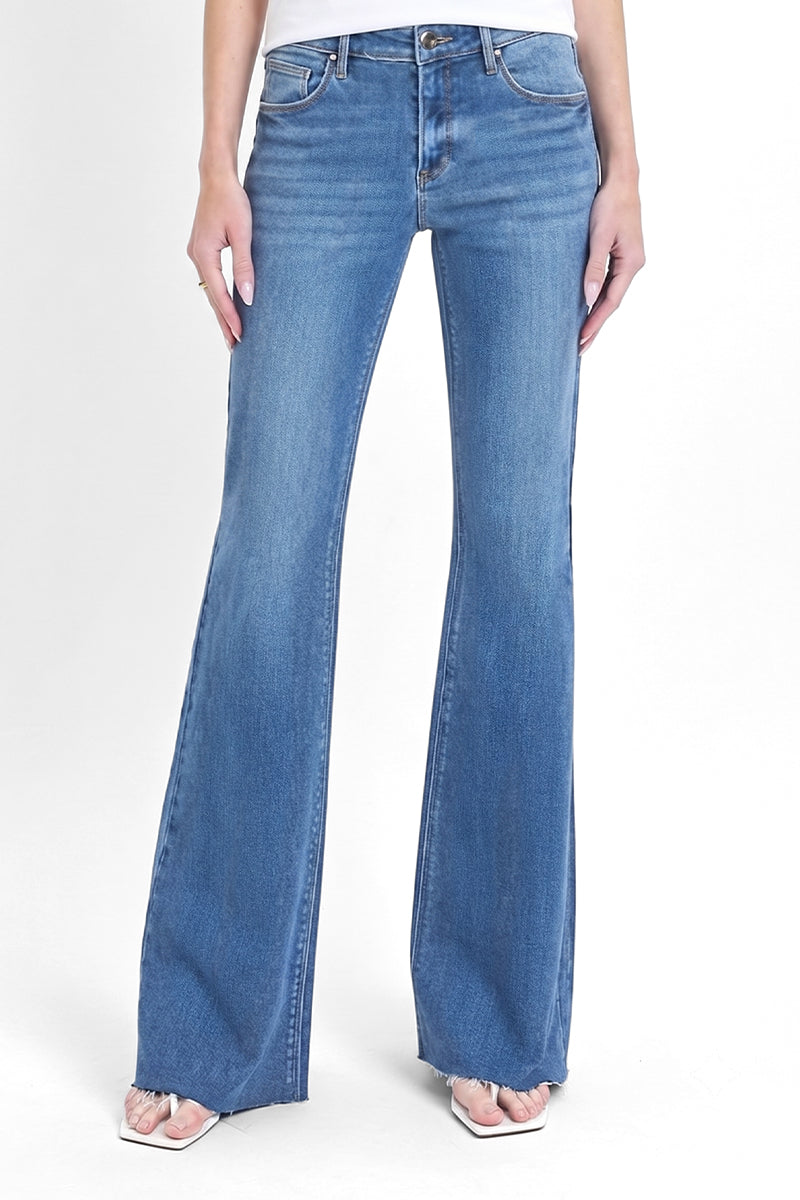 MID RISE FLARE RAW CUT HEM JEANS