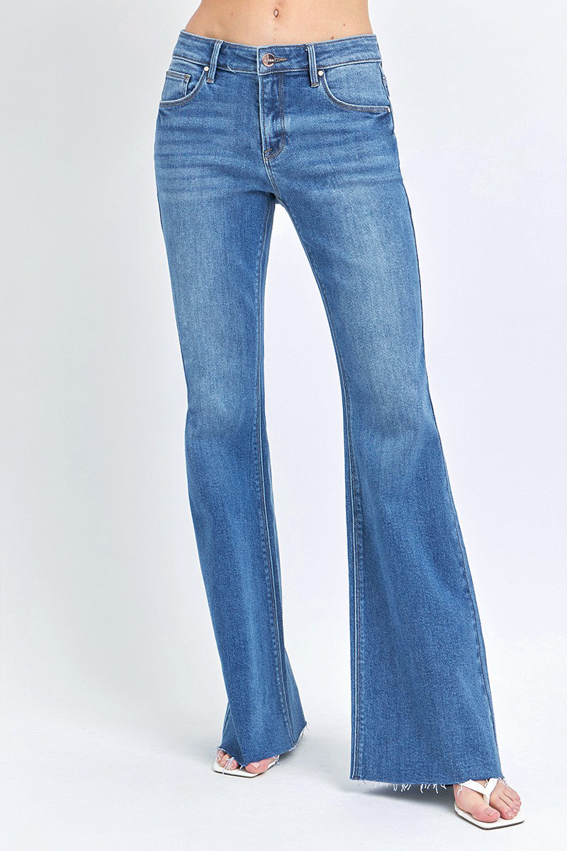 MID RISE FLARE RAW CUT HEM JEANS