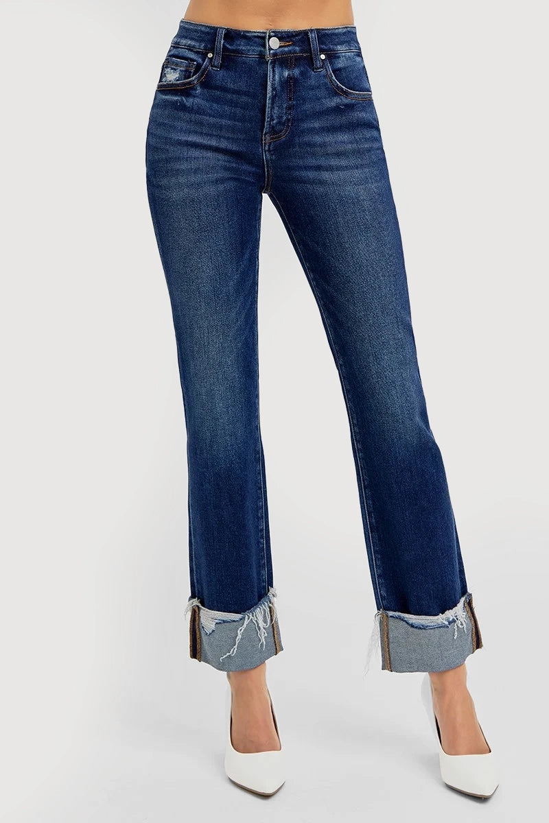 TUMMY CONTROL HIGH RISE CROP STRAIGHT CUFFED JEANS