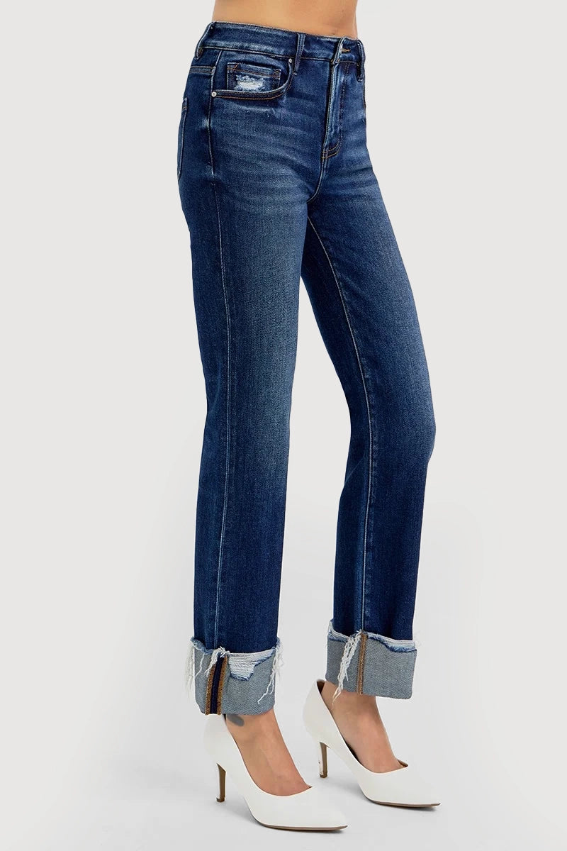 TUMMY CONTROL HIGH RISE CROP STRAIGHT CUFFED JEANS