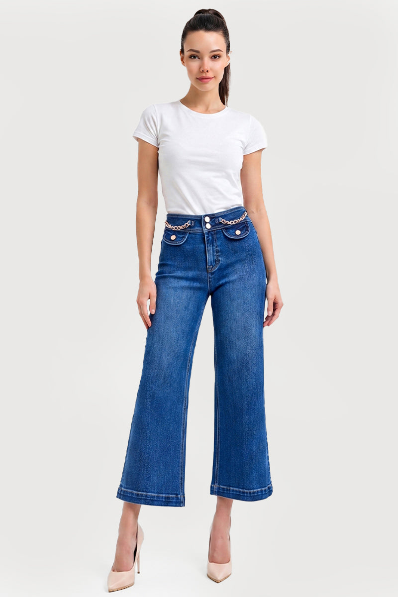 HIGH RISE CROP WIDE WAIST CHAIN DETAIL JEANS