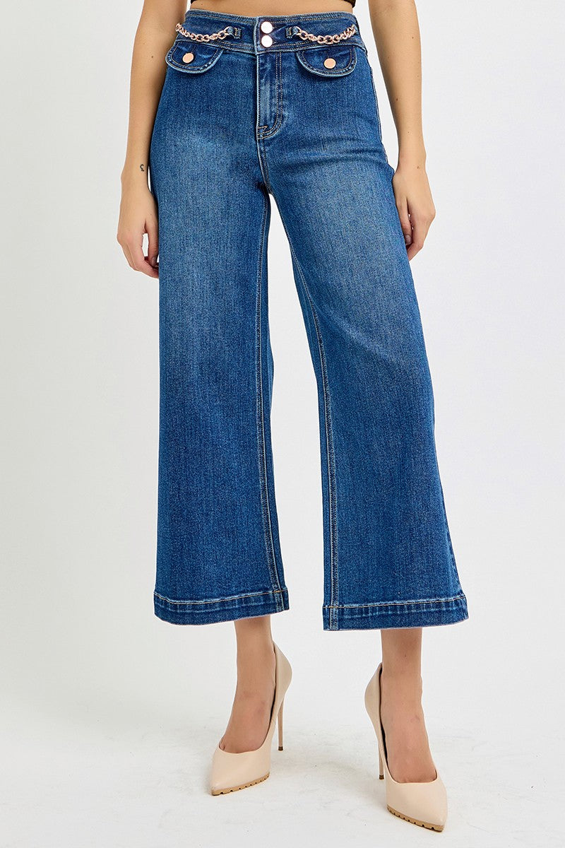 HIGH RISE CROP WIDE WAIST CHAIN DETAIL JEANS