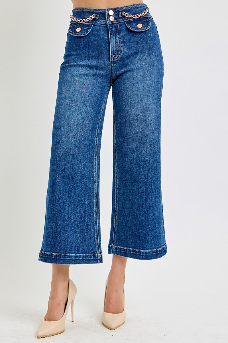 HIGH RISE CROP WIDE WAIST CHAIN DETAIL JEANS