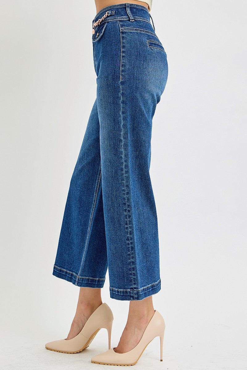 HIGH RISE CROP WIDE WAIST CHAIN DETAIL JEANS