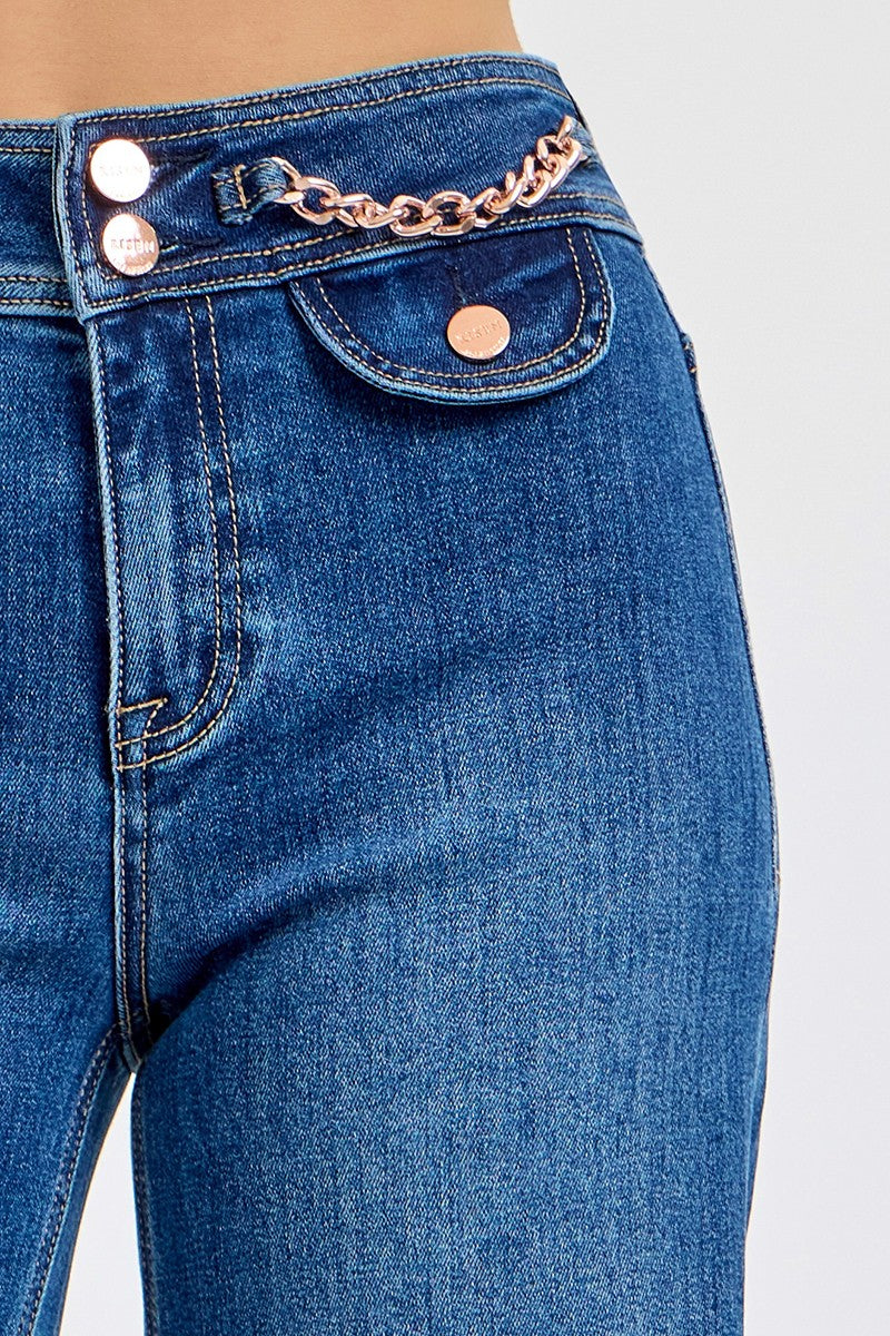 HIGH RISE CROP WIDE WAIST CHAIN DETAIL JEANS