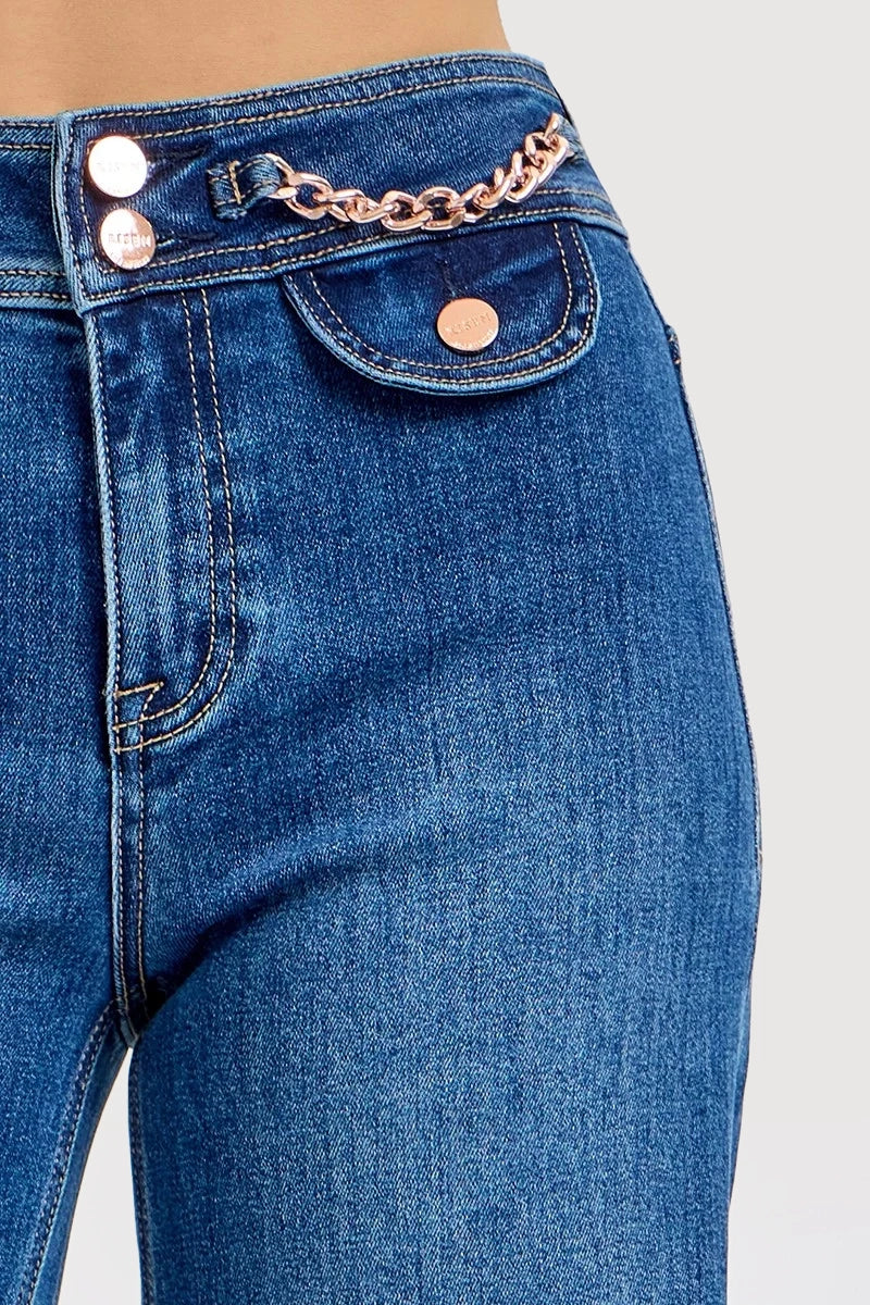 HIGH RISE CROP WIDE WAIST CHAIN DETAIL JEANS
