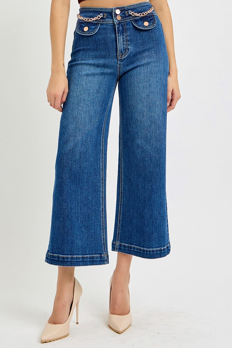 HIGH RISE CROP WIDE WAIST CHAIN DETAIL JEANS