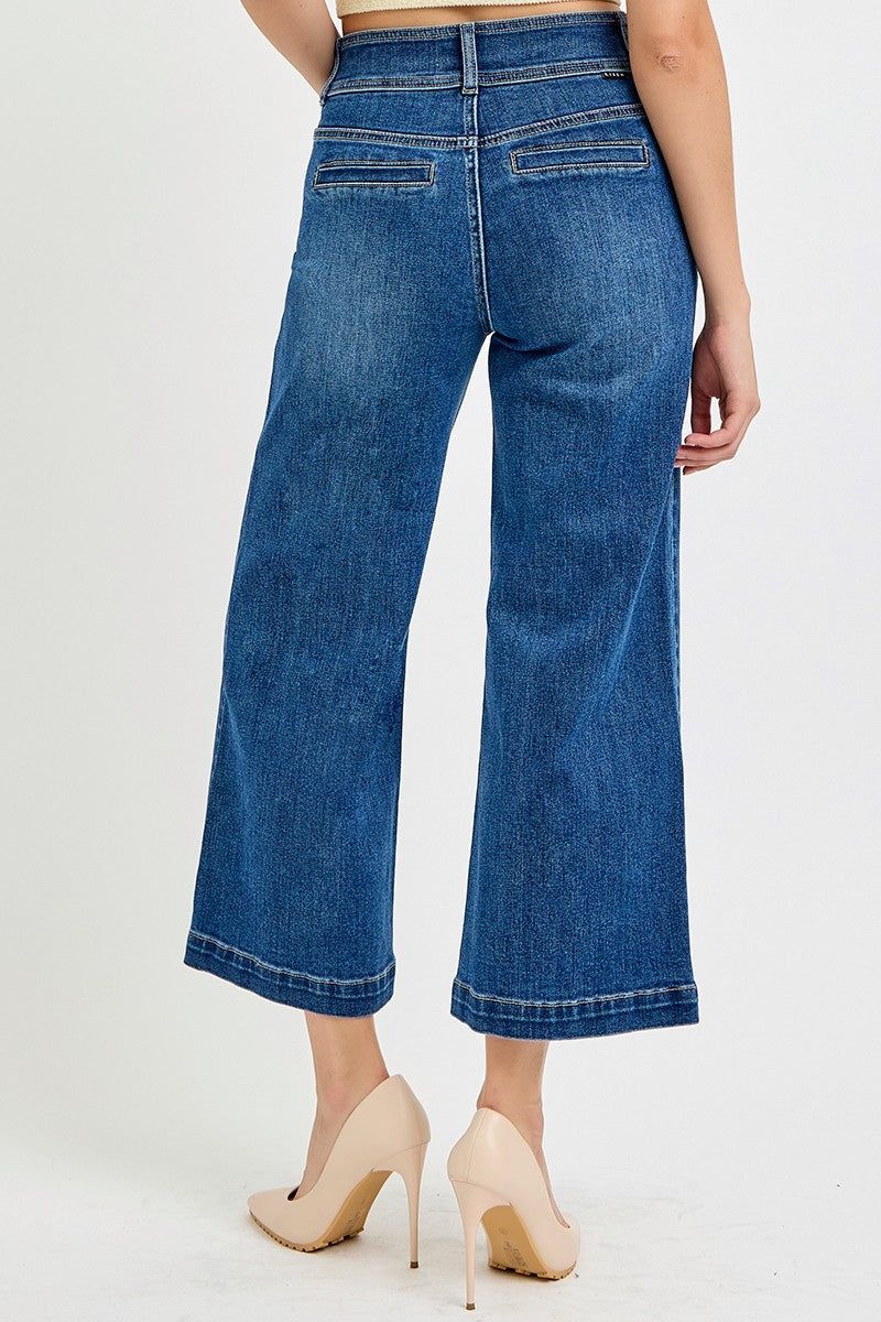 HIGH RISE CROP WIDE WAIST CHAIN DETAIL JEANS
