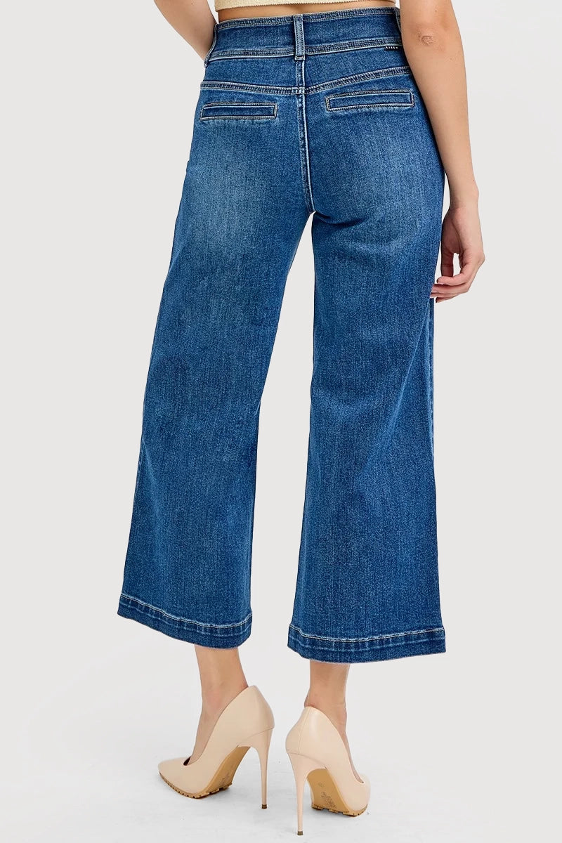 HIGH RISE CROP WIDE WAIST CHAIN DETAIL JEANS