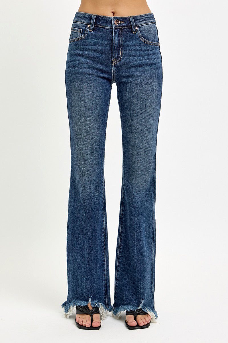 MID RISE FLARE FRAYED HEM JEANS
