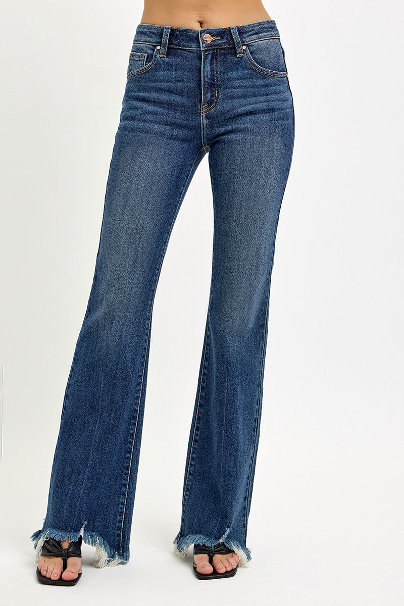 MID RISE FLARE FRAYED HEM JEANS