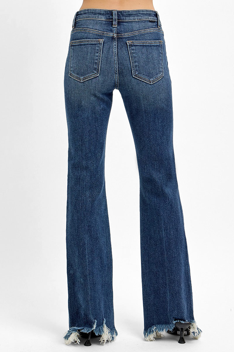 MID RISE FLARE FRAYED HEM JEANS