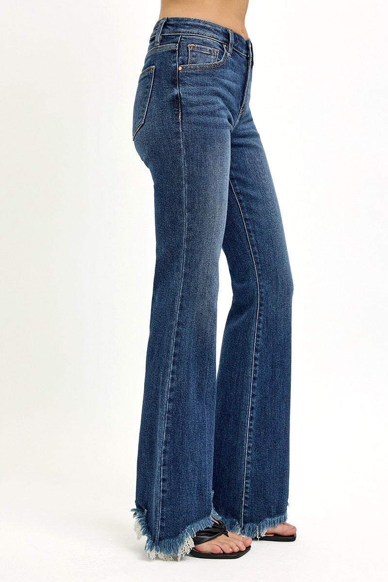 MID RISE FLARE FRAYED HEM JEANS
