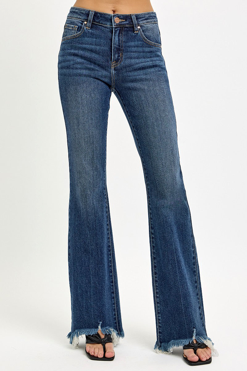 MID RISE FLARE FRAYED HEM JEANS