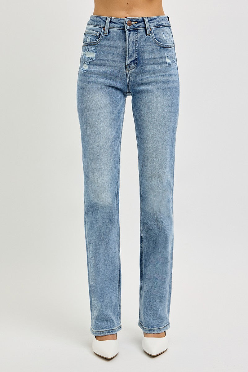 TUMMY CONTROL HIGH RISE STRAIGHT DISTRESSED JEANS