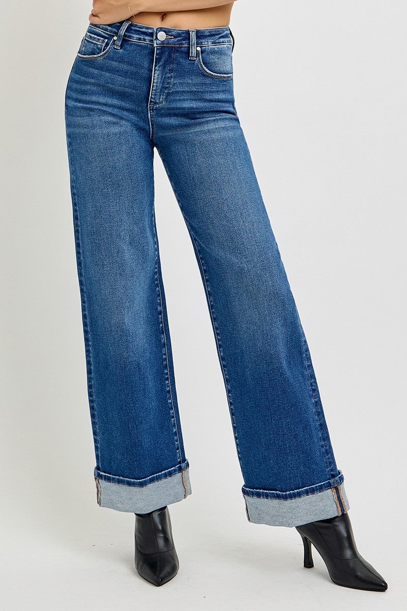 TUMMY CONTROL HIGH RISE CUFFED WIDE JEANS