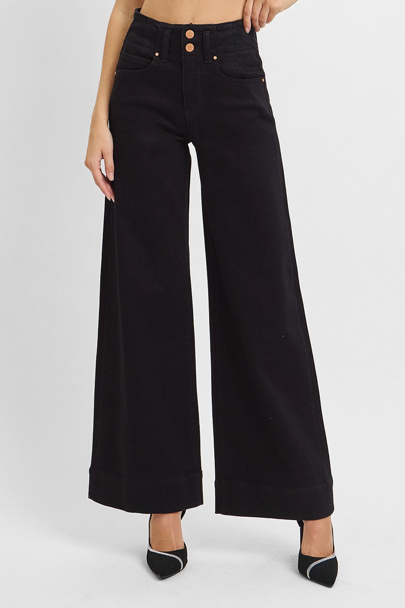 HIGH RISE ANKLE WIDE DOUBLE BUTTON DETAIL PANTS