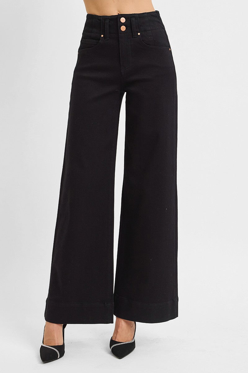 HIGH RISE ANKLE WIDE DOUBLE BUTTON DETAIL PANTS