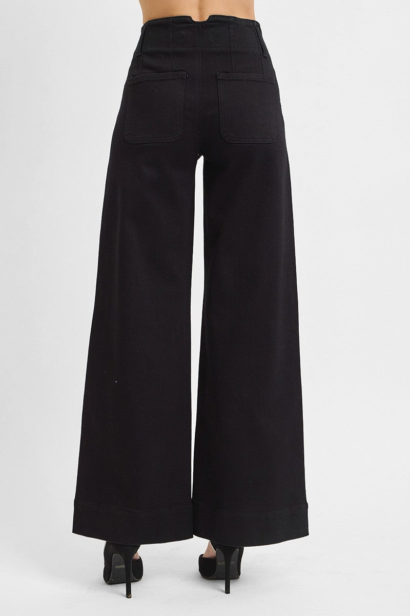 HIGH RISE ANKLE WIDE DOUBLE BUTTON DETAIL PANTS