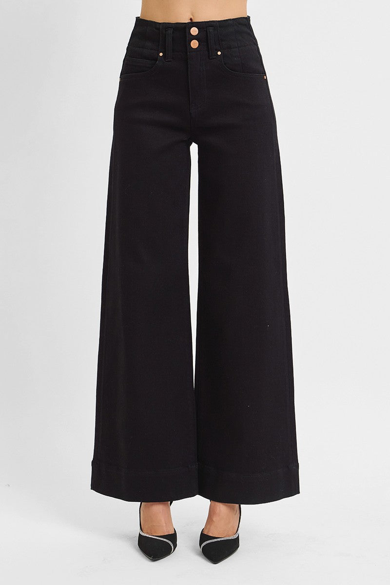 HIGH RISE ANKLE WIDE DOUBLE BUTTON DETAIL PANTS