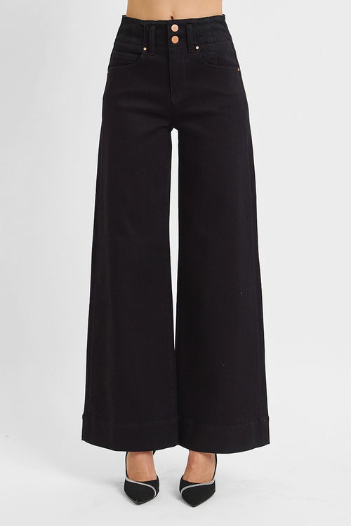 HIGH RISE ANKLE WIDE DOUBLE BUTTON DETAIL PANTS