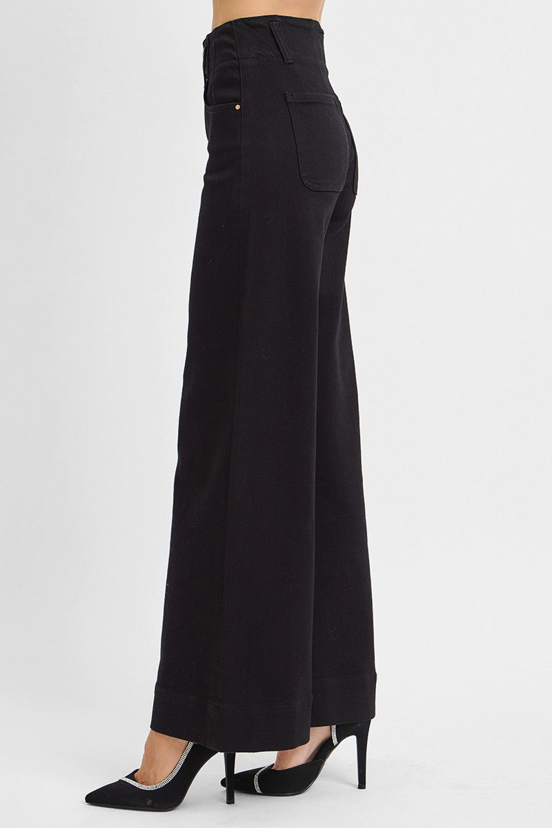 HIGH RISE ANKLE WIDE DOUBLE BUTTON DETAIL PANTS