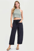 HIGH RISE CROP WIDE BARREL CARGO POCKET PANTS