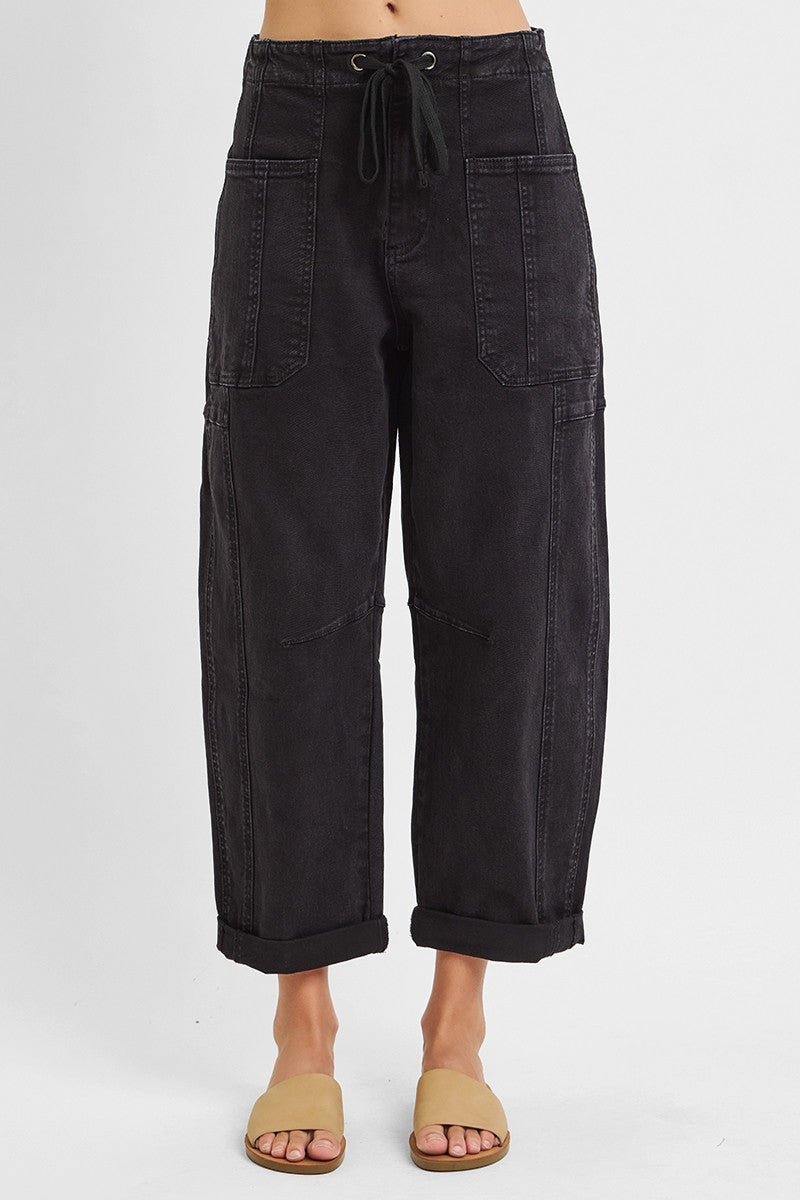 HIGH RISE CROP WIDE BARREL CARGO POCKET PANTS