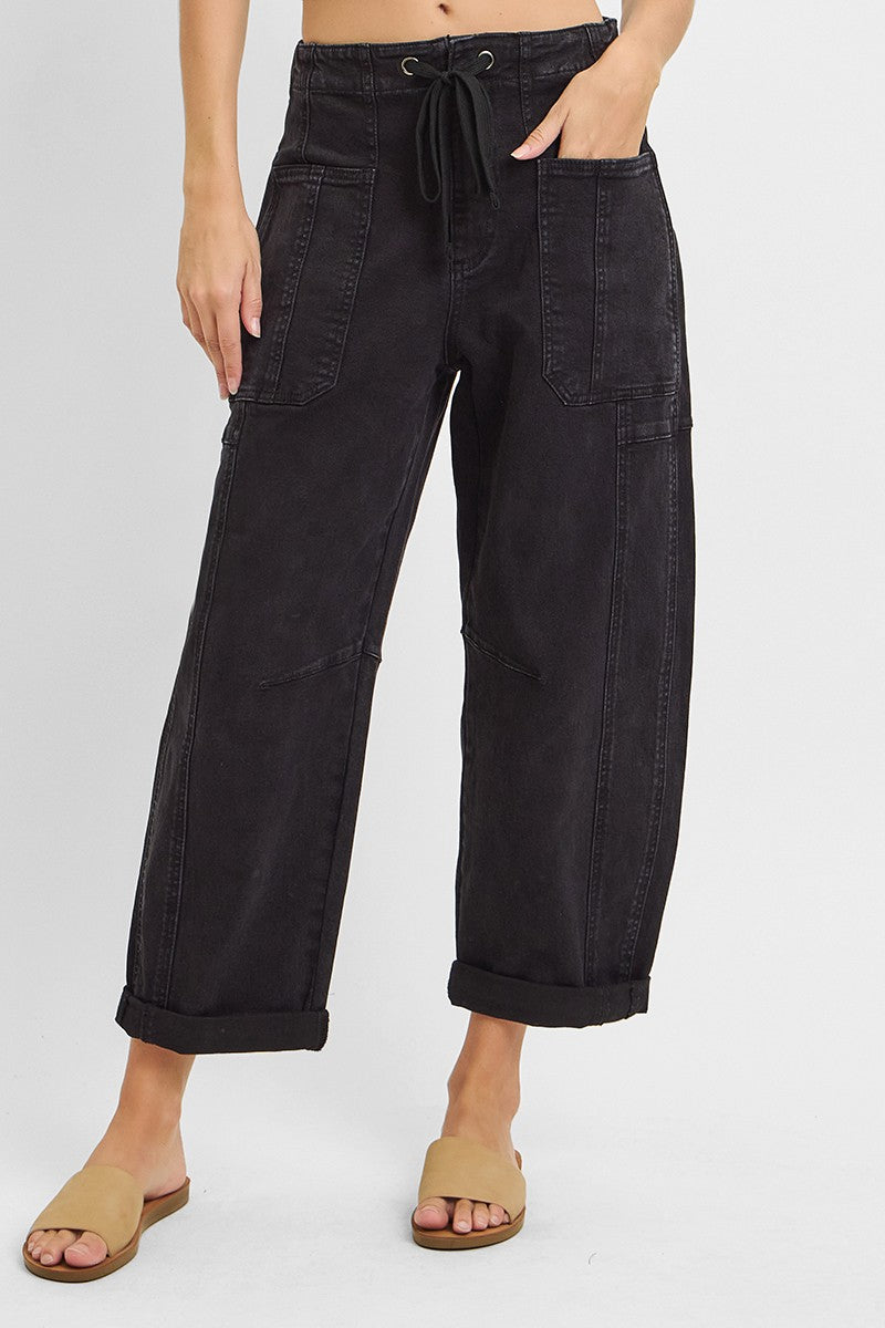 HIGH RISE CROP WIDE BARREL CARGO POCKET PANTS