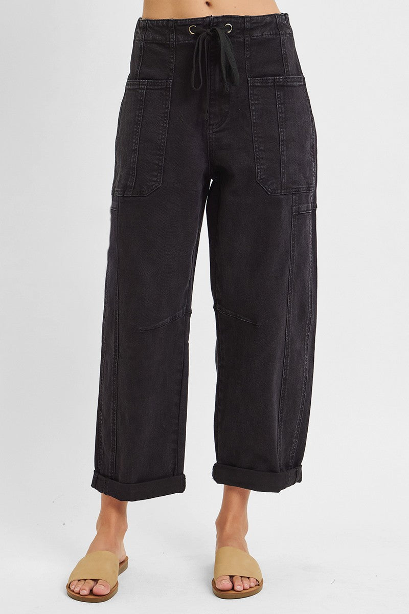 HIGH RISE CROP WIDE BARREL CARGO POCKET PANTS