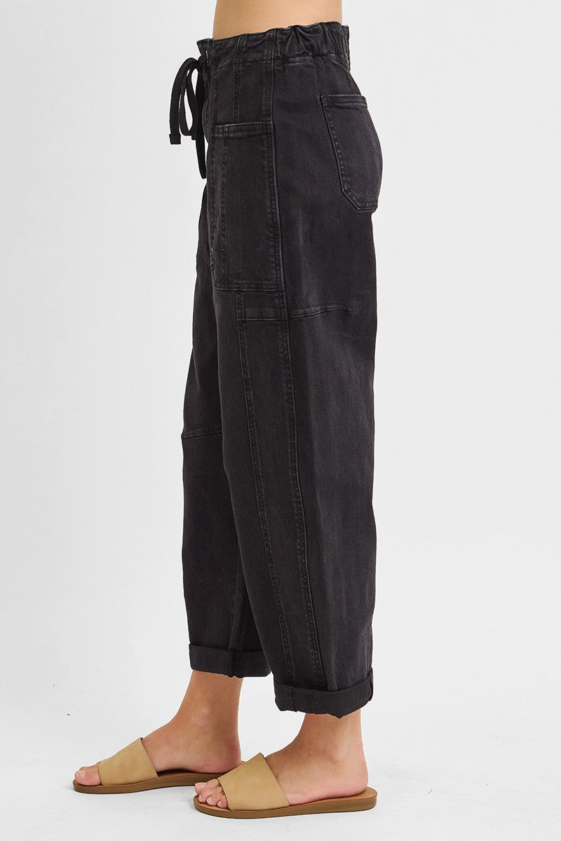 HIGH RISE CROP WIDE BARREL CARGO POCKET PANTS