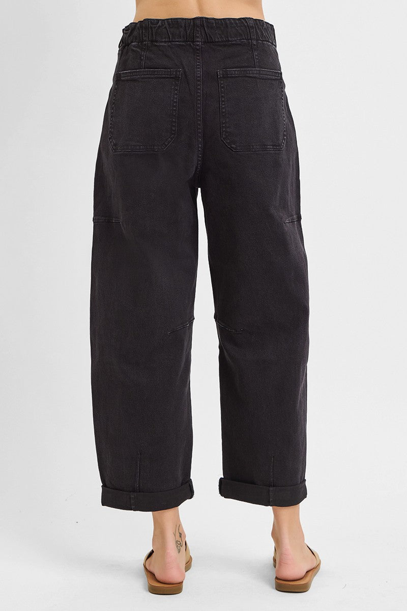 HIGH RISE CROP WIDE BARREL CARGO POCKET PANTS