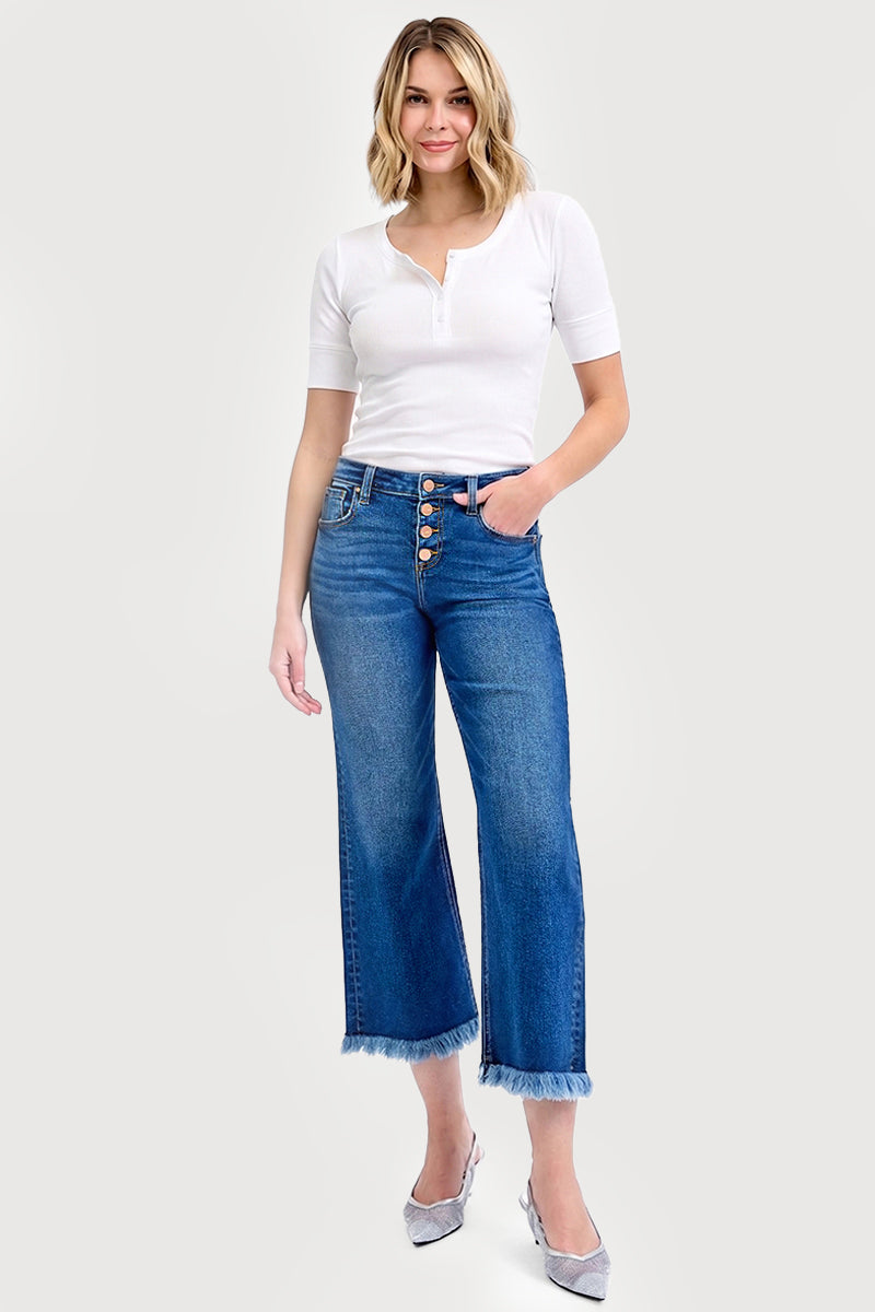 MID RISE CROP WIDE BUTTON DOWN JEANS