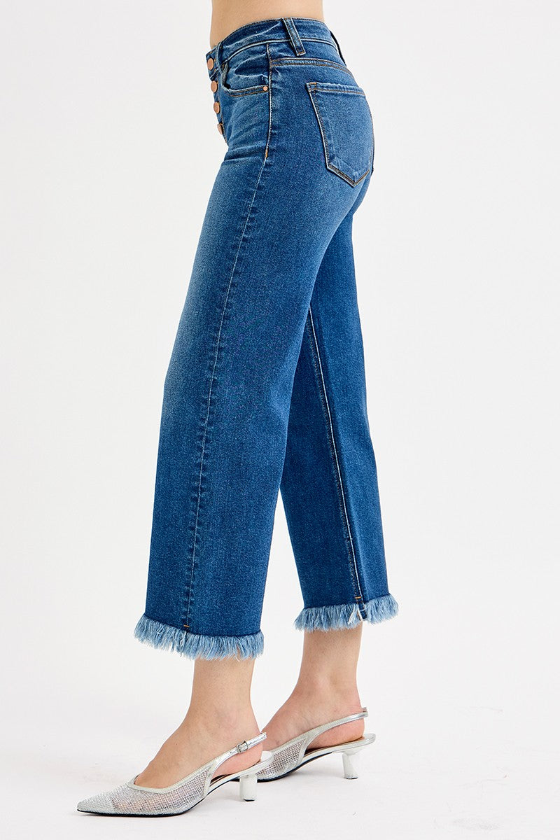 MID RISE CROP WIDE BUTTON DOWN JEANS