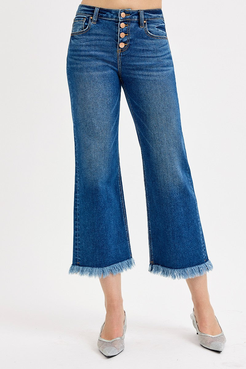 MID RISE CROP WIDE BUTTON DOWN JEANS
