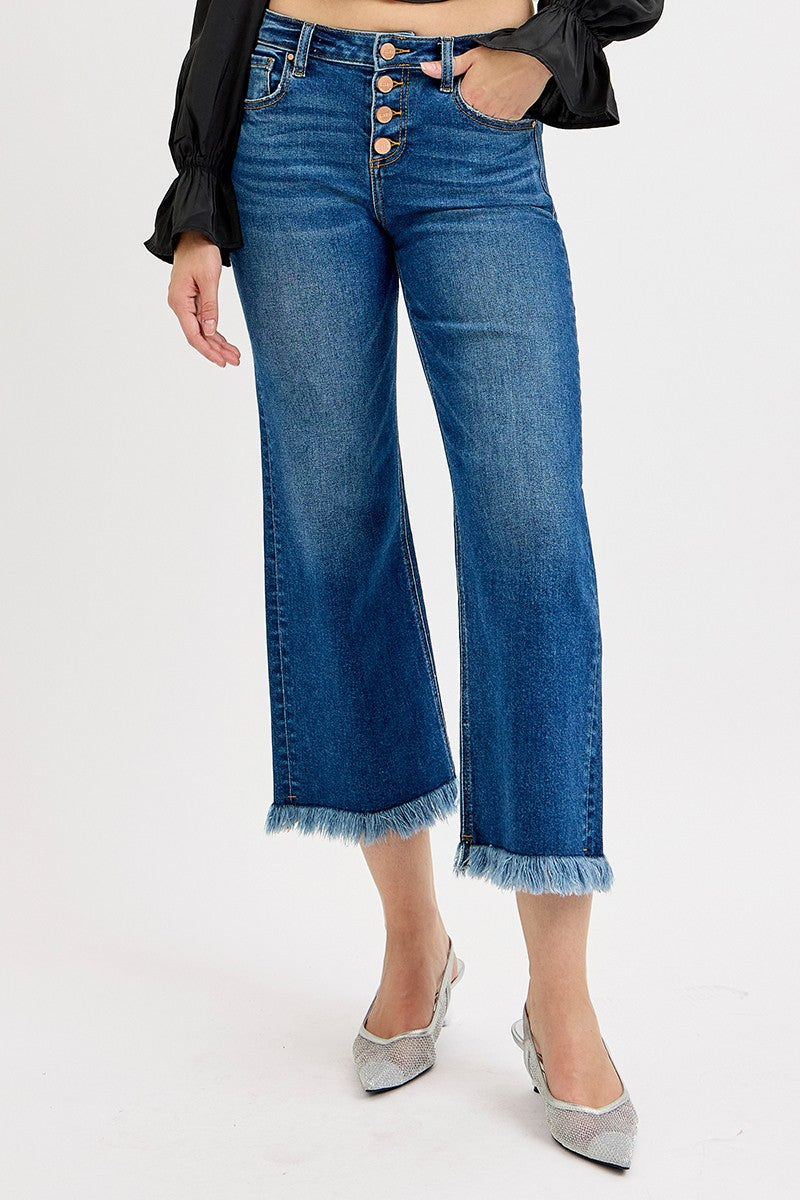 MID RISE CROP WIDE BUTTON DOWN JEANS