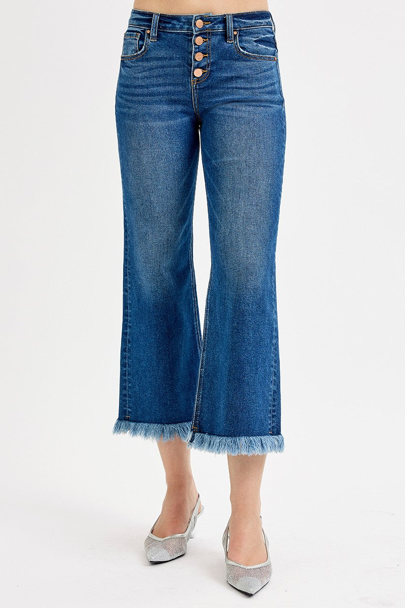 MID RISE CROP WIDE BUTTON DOWN JEANS