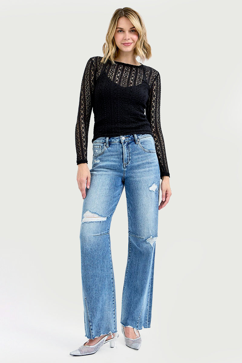 SLOUCHY WIDE BAGGY LEG TIE WASHED JEANS