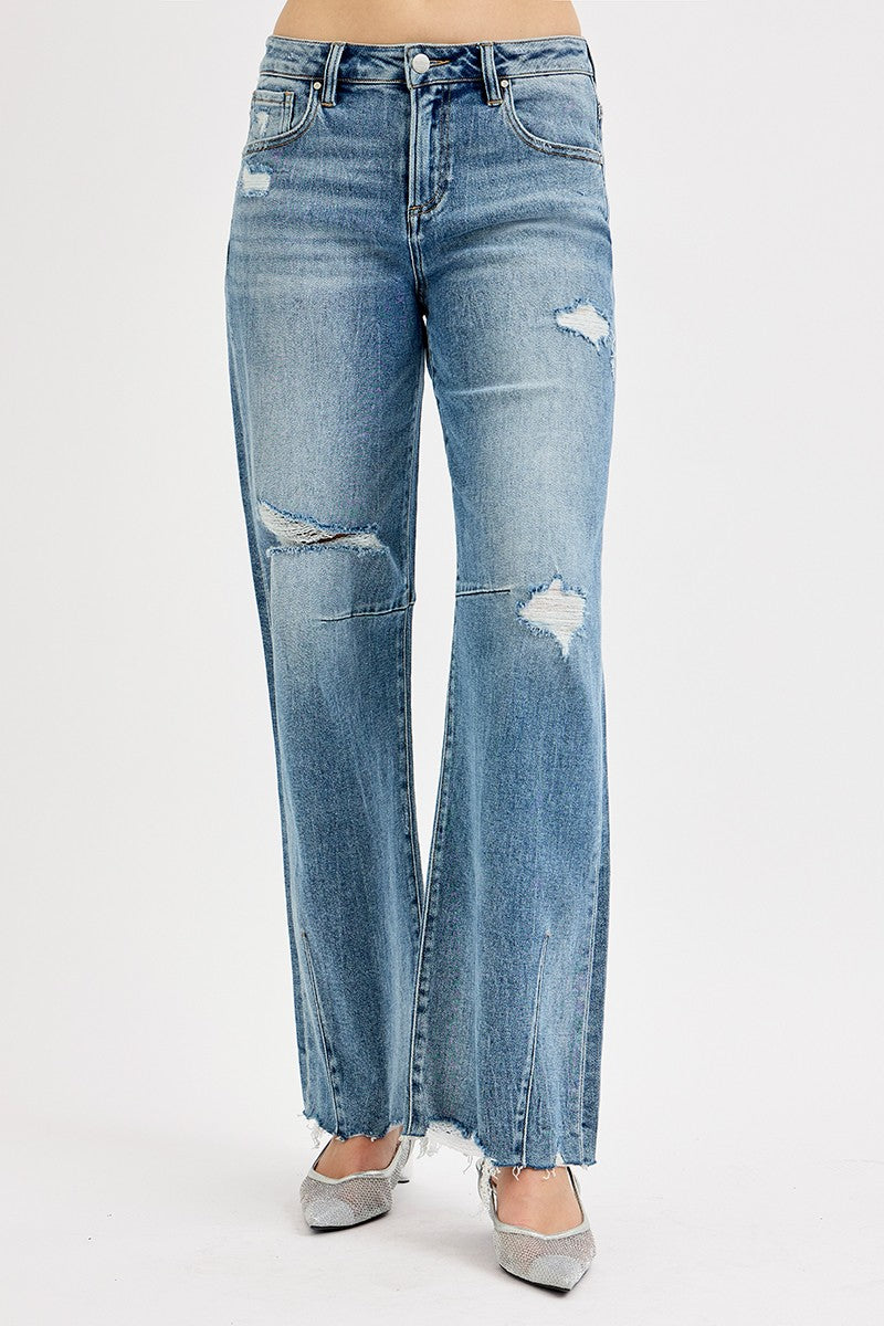 SLOUCHY WIDE BAGGY LEG TIE WASHED JEANS